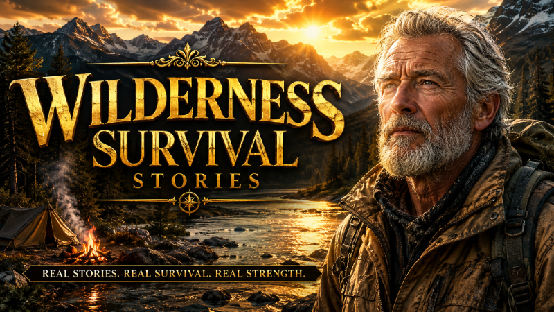 Cinematic wilderness survival scene showing remote mountains and forest landscape