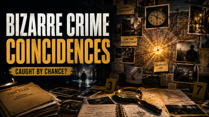 Cinematic true crime thumbnail showing bizarre coincidences that changed criminal investigations